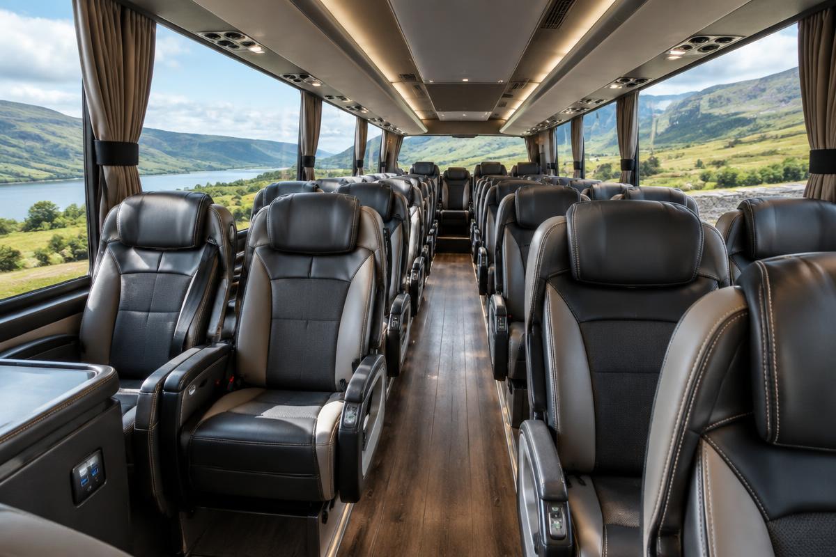 Comfortable modern coach interior with reclining seats and Highland views