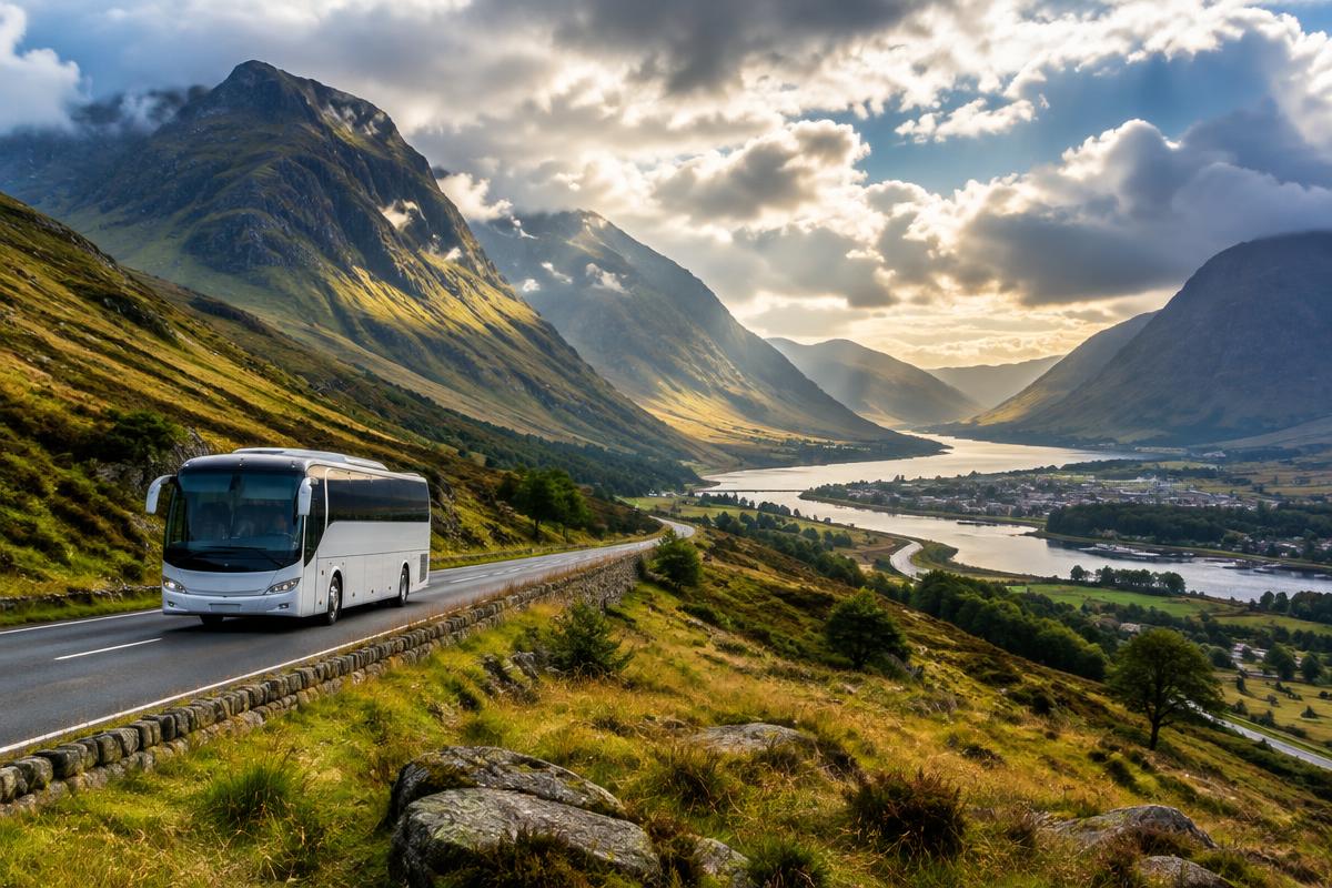 Touring coach travelling through the dramatic mountain valley of Glencoe