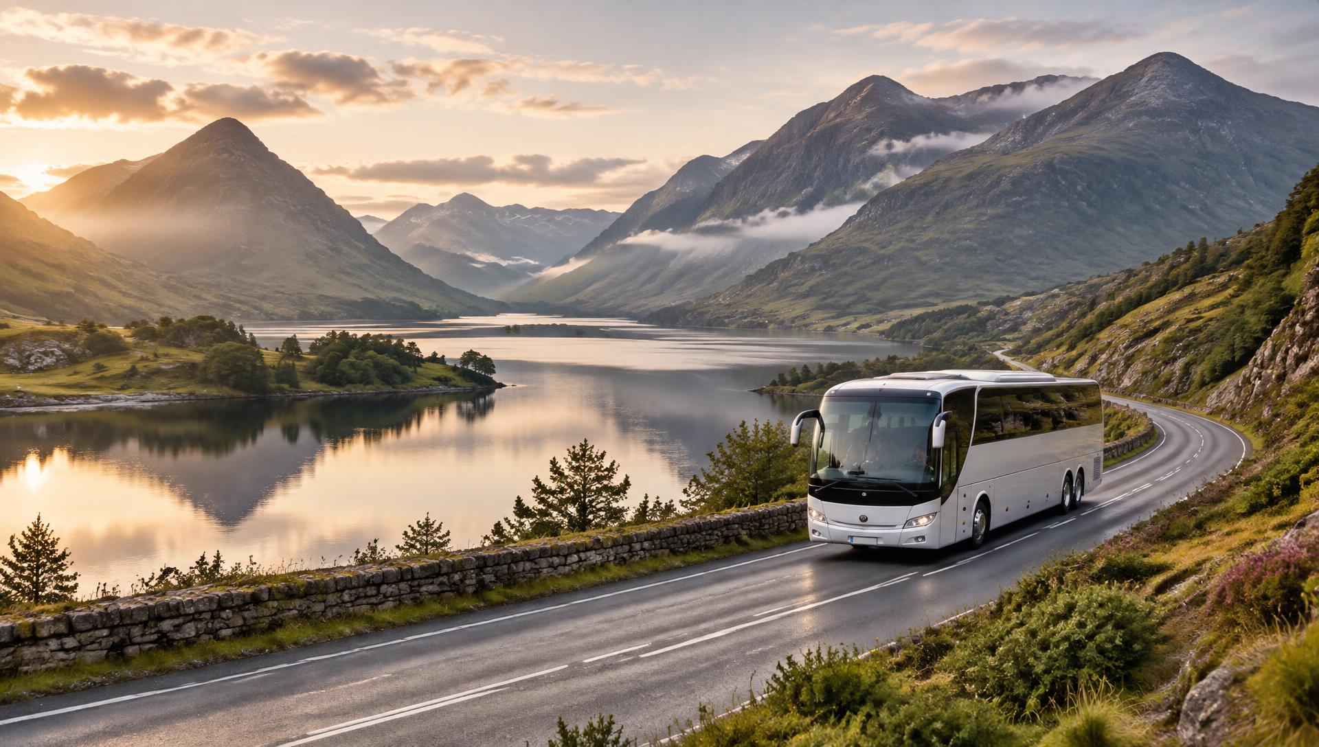 Modern coach travelling beside a Highland loch and mountains