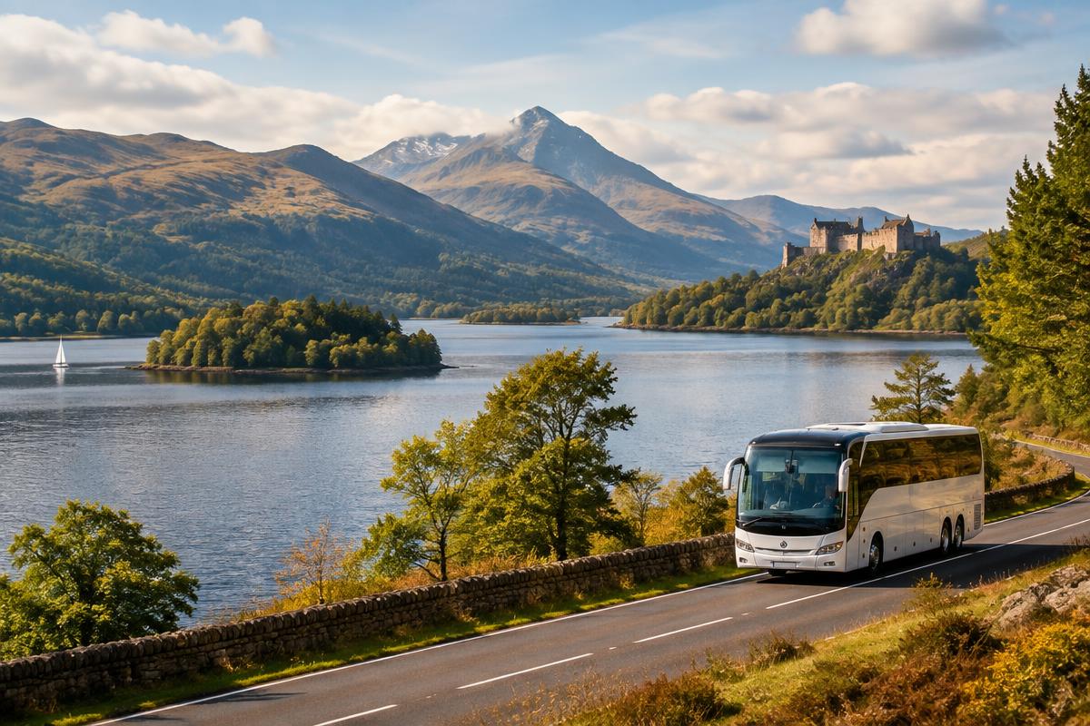 Modern coach beside Loch Lomond with mountains and a historic castle beyond